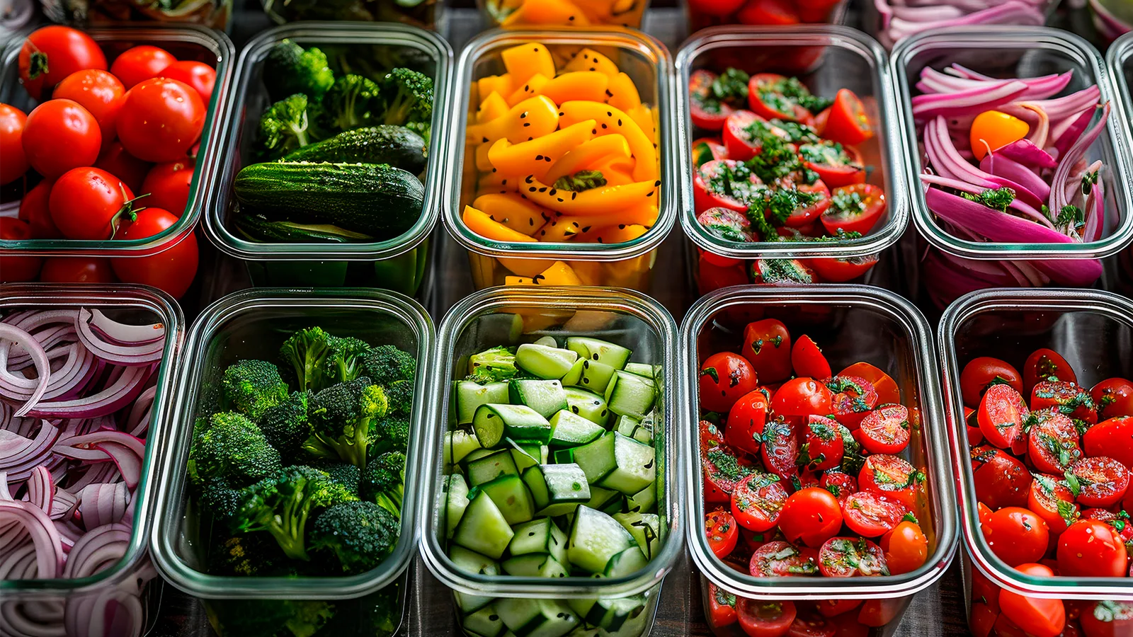 An assortment of professionally prepared vegetables in kitchen containers