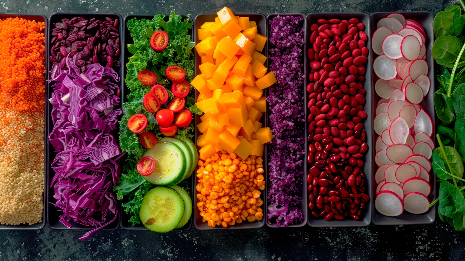 A colourful selection of chopped and sliced vegetables